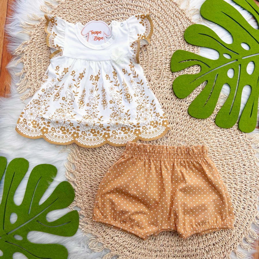 Conj. Batinha com Flores e Short Poá - Areia e Off White